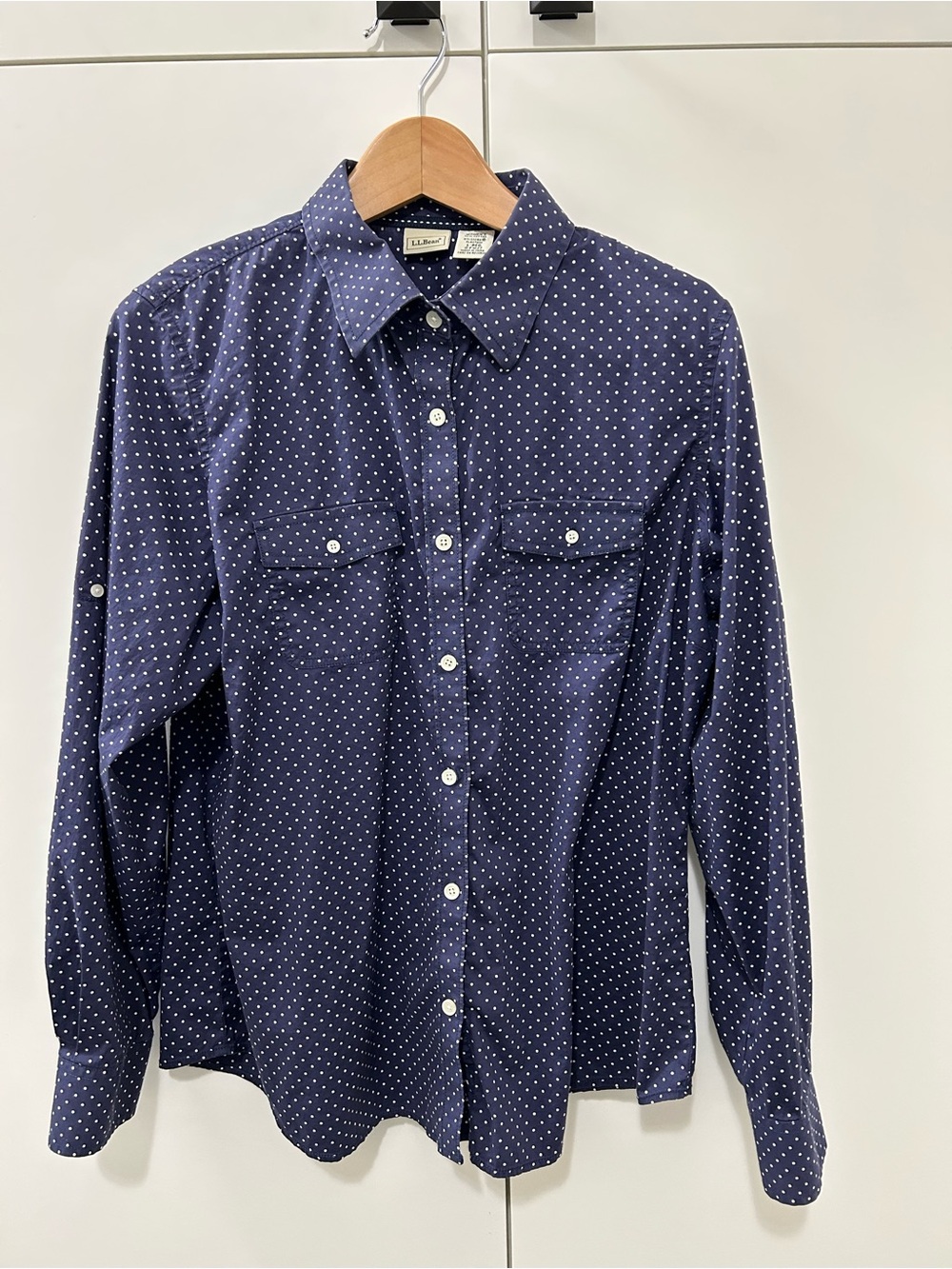 L.L. Bean Women's Navy Blue Polka Dot Button-Up Blouse Workwear